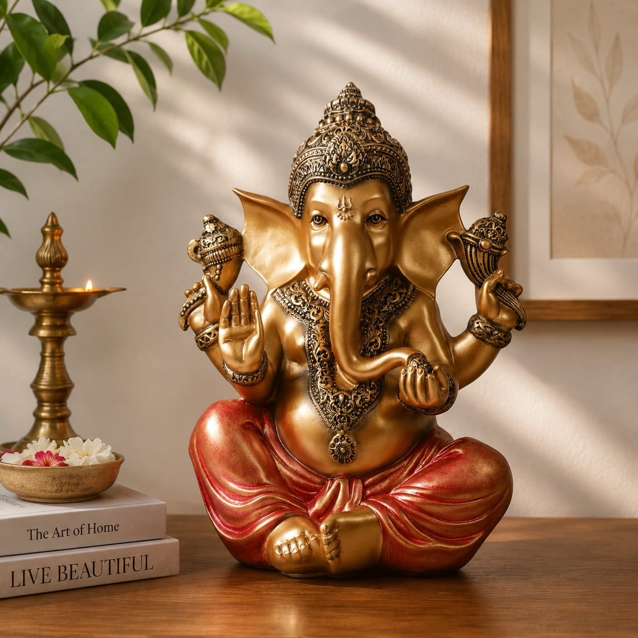 eabab9ad-97be-40d2-bc64-23dbf4dbd8c6 Chaturbhuj Medium Ganesha - Gold & Red - Image 1