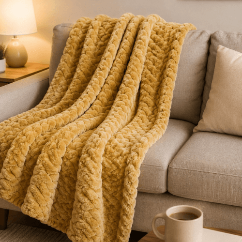 Untitled design – 2026-05-23T140301.298 Auraa King Jacquard blanket 280gsm, 200x240cm Yellow - Image 1
